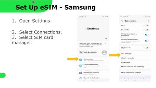 Samsung Settings and Connections screens highlighting SIM manager