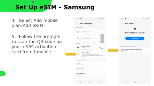 Samsung SIM manager and Add eSIM screens showing the QR code option