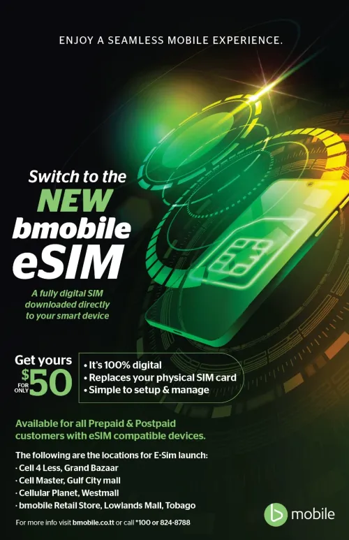 bmobile eSIM poster showing a phone and a $50 digital SIM offer for prepaid and postpaid customers