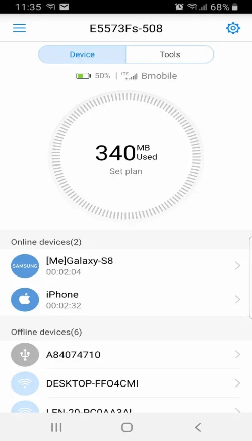 HiLink app home screen showing data used and the online and offline devices
