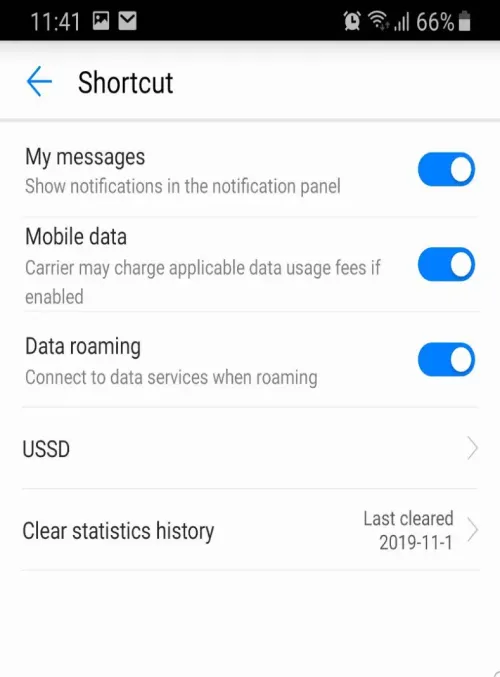 HiLink Shortcut screen with switches for My messages, Mobile data and Data roaming