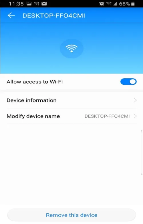 HiLink device details screen with the Allow access to Wi-Fi switch