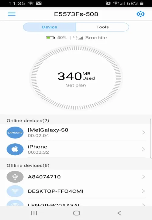 HiLink device list with online devices and offline devices