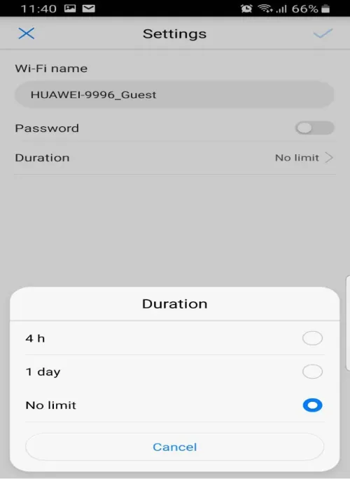 HiLink Guest Wi-Fi settings with duration options of 4 hours, 1 day or no limit