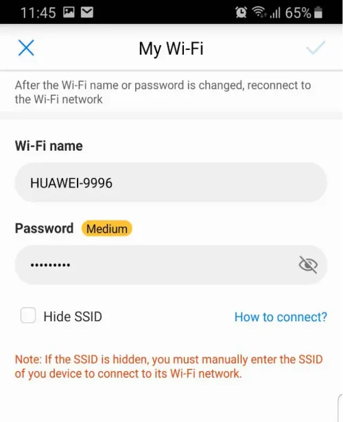 HiLink My Wi-Fi screen with the Wi-Fi name and password fields