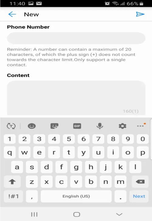 HiLink New message screen with phone number and content fields