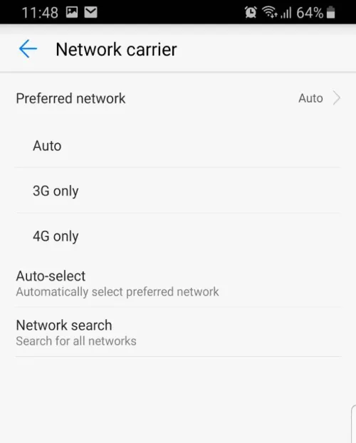 HiLink Network carrier screen with Preferred network set to Auto, and 3G only and 4G only options