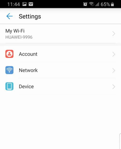 HiLink Settings menu with My Wi-Fi, Account, Network and Device