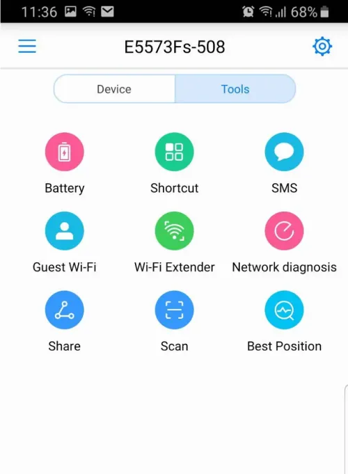 HiLink Tools menu with Battery, Shortcut, SMS, Guest Wi-Fi, Wi-Fi Extender and other tools