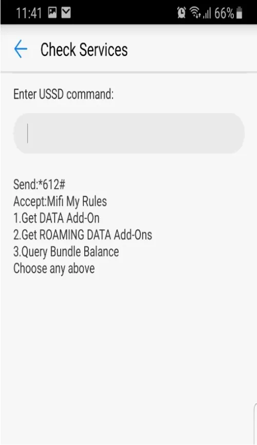HiLink Check Services screen for entering a USSD command, with a menu reply