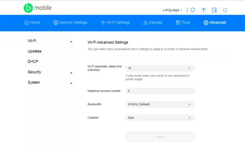 Web manager Wi-Fi Advanced Settings with Wi-Fi sleep time and maximum access number fields