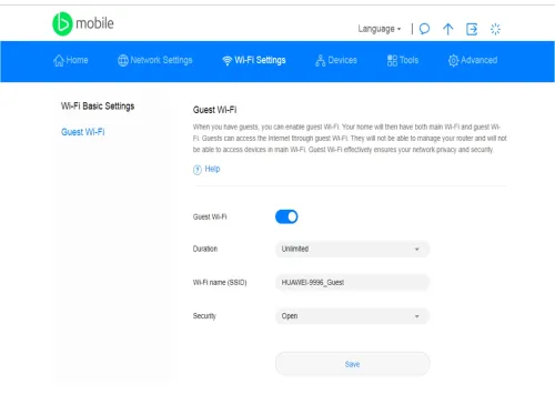 Web manager Guest Wi-Fi page with switch, duration, Wi-Fi name and security fields