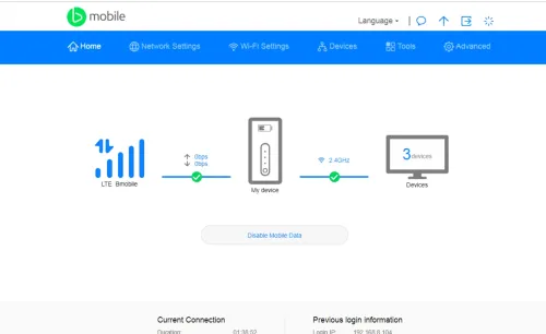MiFi web manager home screen showing the 4G signal, connection speeds and three connected devices