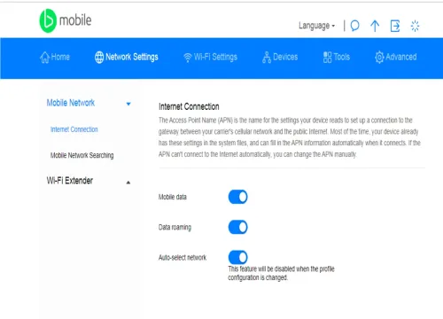 Web manager Internet Connection page with switches for Mobile data, Data roaming and Auto-select network
