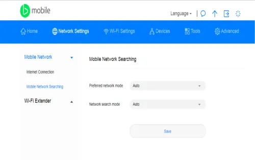 Web manager Mobile Network Searching page with preferred network mode and network search mode set to Auto
