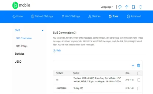 Web manager SMS Conversation page listing messages