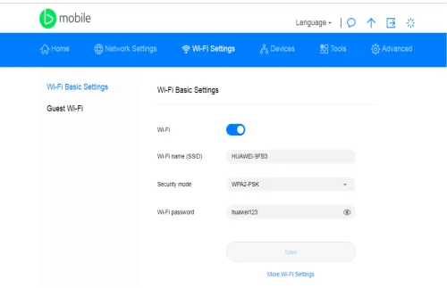 Web manager Wi-Fi Basic Settings with Wi-Fi name, security mode and Wi-Fi password fields