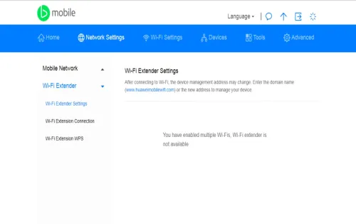 Web manager Wi-Fi Extender Settings page